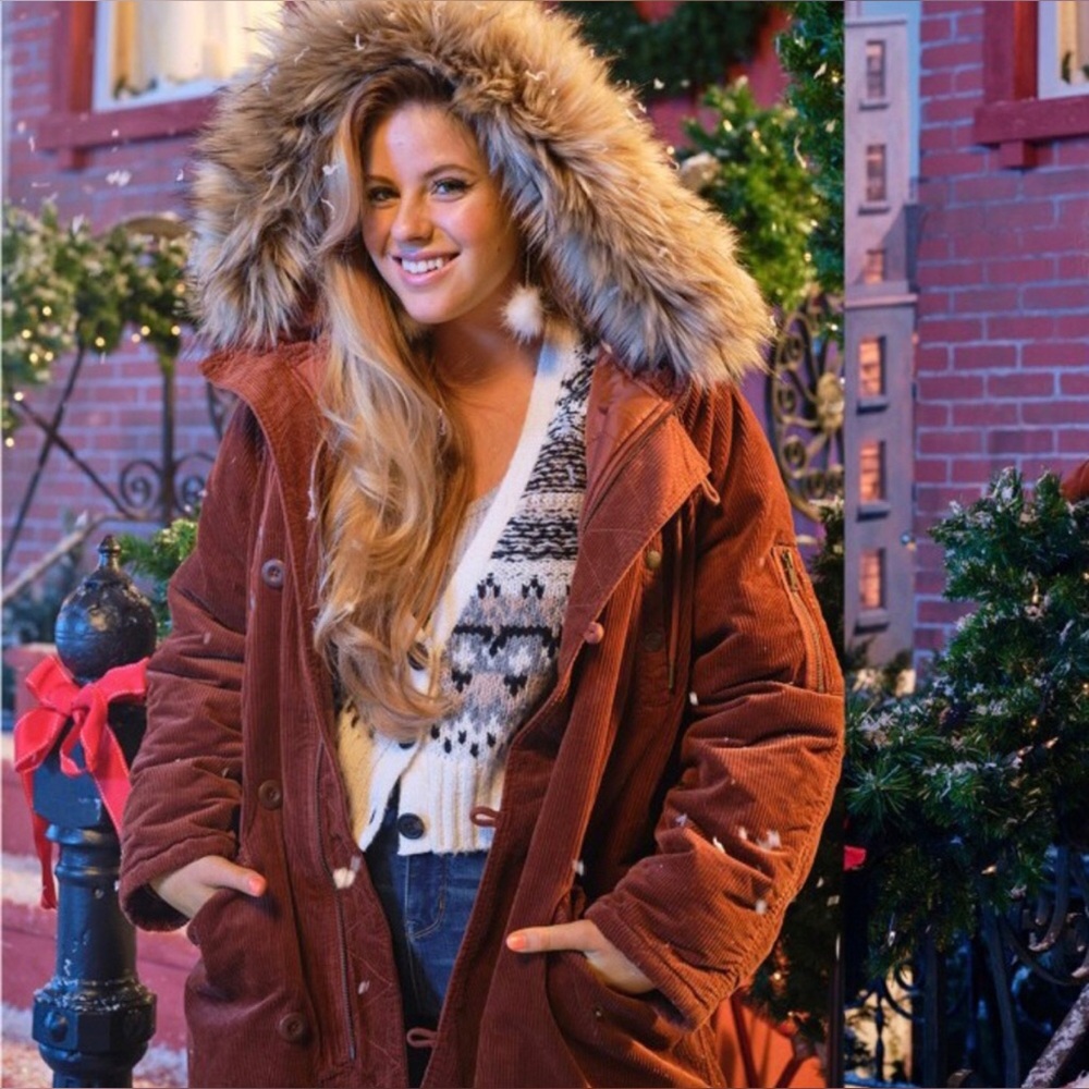 American Eagle AEO Brown Corduroy Winter Coat Womens Small Faux Fur Quilt Lined - Picture 13 of 14